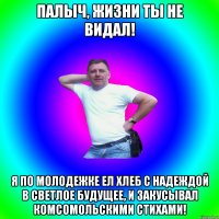 Палыч, жизни ты не видал! Я по молодежке ел хлеб с надеждой в светлое будущее, и закусывал комсомольскими стихами!