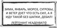 зима, январь, мороз, сугробы, и ветер дует что есть сил, а я иду такой без шапки, дебил! Лейтенант Неадекват©