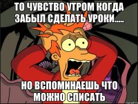 ТО чувство утром когда забыл сделать уроки..... но вспоминаешь что можно списать