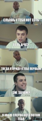 Слышь у тебя кот есть Есть,а че? Тогда я приду к тебе первым Эм, зачем? Я УБЬЮ СПЕРВА КОТА ПОТОМ ТЕБЯ