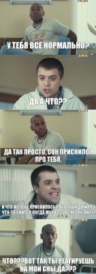 У тебя все нормально? Да,а что?? да так просто, сон приснился про тебя. И что же тебе приснилось?!Тебе каждый раз что-то снится,когда мы в ссоре,не так ли??! Что???Вот так ты реагируешь на мои сны,да???