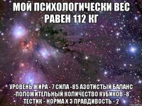 МОЙ ПСИХОЛОГИЧЕСКИ ВЕС РАВЕН 112 кг уровень жира - 7 сила -85 азотистый баланс -положительный количество кубиков -8 тестик - норма х 3 правдивость - 2