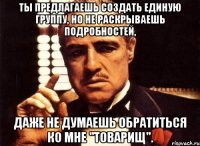 Ты предлагаешь создать единую группу, но не раскрываешь подробностей, даже не думаешь обратиться ко мне "товарищ".