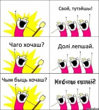 Хто ты гэткі? Свой, тутэйшы! Чаго хочаш? Долі лепшай. Чым быць хочаш? Ня быць скотам.