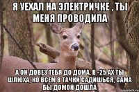 я уехал на электричке , ты меня проводила а он довез тебя до дома, в -25 ах ты шлюха, ко всем в тачки садишься, сама бы домой дошла