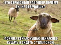 -ЭТО СЕРЬЕЗНЫЙ РАЗГОВОР.ПОЧЕМУ ТЫ НЕ ОТВЕЧАЕШЬ? -ПОЙМИ.Я СЕЙЧАС КУШАЮ.НЕКРАСИВО КУШАТЬ И СИДЕТЬ С ТЕЛЕФОНОМ.