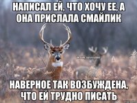 написал ей, что хочу ее, а она прислала смайлик наверное так возбуждена, что ей трудно писать