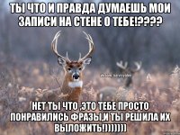 ты что и правда думаешь мои записи на стене о тебе!???? Нет ты что ,это тебе просто понравились фразы,и ты решила их выложить!)))))))