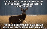 Вы с девушкой 5 месяцев, но у вас еще не было секса.Живет одна. В один день не отвечает на звонки: "Мой бывший приходил ко мне только за вещами. Между нами ничего не было!"