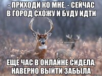 - приходи ко мне, - сейчас в город схожу и буду идти еще час в онлайне сидела, наверно выйти забыла