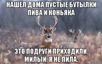 нашел дома пустые бутылки пива и коньяка это подруги приходили, милый, я не пила.