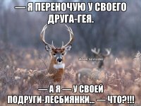 — Я переночую у своего друга-гея. — А я — у своей подруги-лесбиянки... — ЧТО?!!!