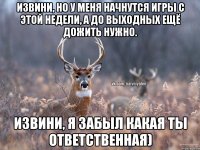 извини, но у меня начнутся игры с этой недели, а до выходных ещё дожить нужно. извини, я забыл какая ты ответственная)