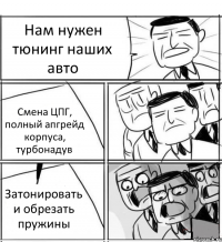 Нам нужен тюнинг наших авто Смена ЦПГ, полный апгрейд корпуса, турбонадув Затонировать и обрезать пружины