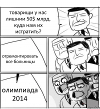 товарищи у нас лишнии 50$ млрд. куда нам их истратить? отремонтировать все больницы олимпиада 2014