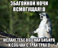 ЗБАГОЙНОЙ НОЧИ ВСМОГУЩАЯ!:D ЖЕЛАЮ ТЕБЕ ВО СНАХ БИБИРА И СОБЧАК С ТРАХ ТРАХ:D