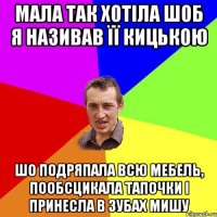 мала так хотіла шоб я називав її кицькою шо подряпала всю мебель, пообсцикала тапочки і принесла в зубах мишу