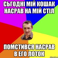 СЬГОДНІ МІЙ КОШАК НАСРАВ НА МІЙ СТІЛ ПОМСТИВСЯ НАСРАВ В ЕГО ЛОТОК