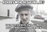 КОНЯКУ МОЮ НЕ БАЧИВ , НЕ? ОТ БЛЯ ОПЯТЬ ВТИКЛА, ПІШЛА БЕЗ МЕНЕ ДОДОМУ, И НАХЕРА Я СТАВАВ СИГАРЕТИ КУПИТЬ