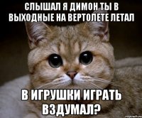 СЛЫШАЛ Я ДИМОН ТЫ В ВЫХОДНЫЕ НА ВЕРТОЛЕТЕ ЛЕТАЛ В ИГРУШКИ ИГРАТЬ ВЗДУМАЛ?