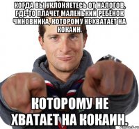 Когда вы уклоняетесь от налогов, где-то плачет маленький ребёнок чиновника, которому не хватает на кокаин. которому не хватает на кокаин.