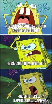 -Куда вы, блядь, вечно разбегаетесь?! -Все скопом, нубы!! -Идем вперед на Варов. Я ваш царь нах!