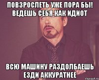 Повзрослеть уже пора бы! Ведешь себя как идиот Всю машину раздолбаешь езди аккуратнее