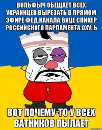 Вольфыч обещает всех Украинцев вырезать в прямом эфире Фед.канала.Вице спикер Российского парламента.Оху..ь вот почему-то у всех ватников пылает