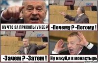 НУ ЧТО ЗА ПРИКОЛЫ У НЕЕ ? -Почему ? -Потому ! -Зачем ? -Затем ! Ну нахуй,я в монастырь