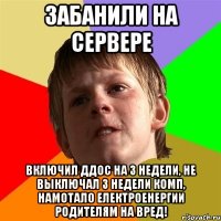 Забанили на сервере включил ДДоС на 3 недели, не выключал 3 недели комп, намотало електроенергии родителям на вред!