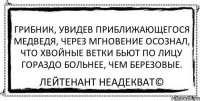 Грибник, увидев приближающегося медведя, через мгновение осознал, что хвойные ветки бьют по лицу гораздо больнее, чем березовые. Лейтенант Неадекват©