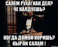 САЛЕМ РУХА! КАК ДЕЛ? ЧЕ КАЛДУЕШЬ? КОГДА ДОМОЙ КОРИШЬ? КЫРЛИ САЛАМ !