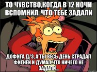 то чувство,когда в 12 ночи вспомнил, что тебе задали дофига д/з, а ты весь день страдал фигнёй и думал,что ничего не задали...