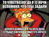 то чувство,когда в 12 ночи вспомнил, что тебе задали дофига домашки, а ты весь день страдал фигнёй и думал,что ничего не задали...