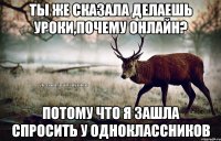 Ты же сказала делаешь уроки,почему онлайн? Потому что я зашла спросить у одноклассников