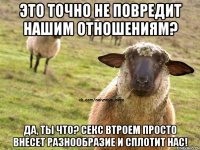 Это точно не повредит нашим отношениям? Да, ты что? Секс втроем просто внесет разнообразие и сплотит нас!