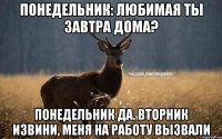 Понедельник: Любимая ты завтра дома? Понедельник Да. Вторник Извини, меня на работу вызвали