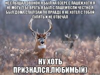 Не слышал звонок Я был на озере с пашей.хотя я не могу тебе врать,я был с пашей!если честно я был дома,спал!зай по правде я не хотел с тобой гулять и не отвечал Ну хоть признался,любимый)