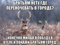 Братьям нету где переночевать в городе? Конечно,милая,я побуду в отеле.И покажи братьям город.