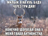 Милый, я на КУБ, буду через три дня! Конечно, дорогая! Она у меня такая активистка.