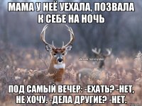 мама у неё уехала, позвала к себе на ночь под самый вечер: -ехать? -нет, не хочу. -дела другие? -нет.