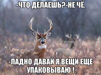 -что делаешь?-не чё. -ладно давай я вещи еще упаковываю !