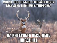 милая, тебя не было в онлайне почти весь день. и почему с телефона? да интернета весь день нигде нет