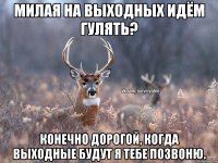 Милая на выходных идём гулять? Конечно дорогой, когда выходные будут я тебе позвоню.