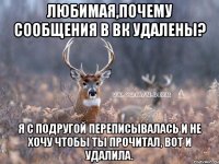 Любимая,почему сообщения в вк удалены? Я с подругой переписывалась и не хочу чтобы ты прочитал, вот и удалила.