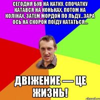 Сегодня був на катку. Спочатку катався на коньках, потом на колінах, затем мордой по льду...Зара ось на скорой поїду кататься... Двіжение — це жизнь!