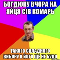 Богдюку вчора на яйця сів комарь такого складного вибору в його ще не було