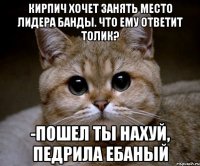 кирпич хочет занять место лидера банды. что ему ответит толик? -пошел ты нахуй, педрила ебаный