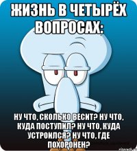 Жизнь в четырёх вопросах: Ну что, сколько весит? Ну что, куда поступил? Ну что, куда устроился? Ну что, где похоронен?