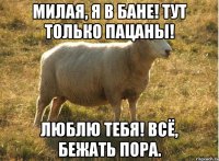 милая, я в бане! тут только пацаны! люблю тебя! всё, бежать пора.